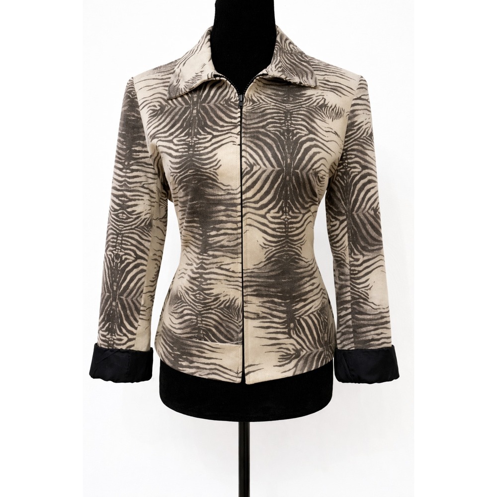 Louben Womens Zipper Front Jacket‎ 10 Cream Black Zebra Print Cotton Stretch